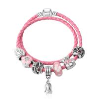 Zinc Alloy European Bracelets, with PU Leather Cord & Lampwork, antique silver color plated, Double Layer & for woman & enamel 