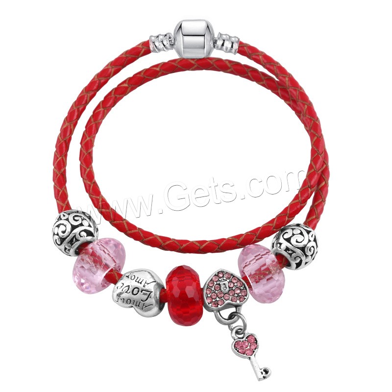Zinc Alloy European Bracelets, with PU Leather Cord & Lampwork, antique silver color plated, Double Layer & different length for choice & for woman & with rhinestone, more colors for choice, Sold By Strand