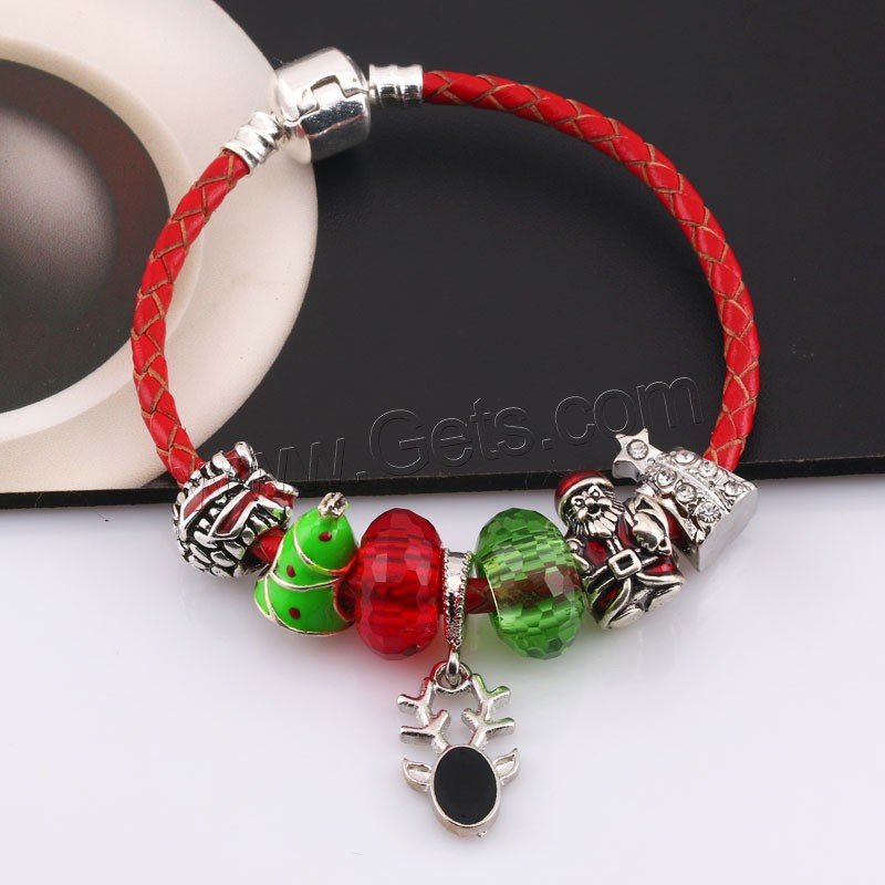 Zinc Alloy European Bracelets, with PU Leather Cord & Lampwork, antique silver color plated, different length for choice & for woman & enamel & with rhinestone, Sold By Strand