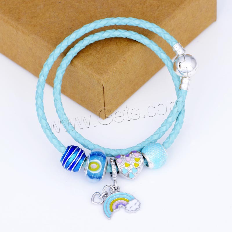 Zinc Alloy European Bracelets, with PU Leather Cord & Lampwork, silver color plated, different length for choice & for woman & enamel, Sold By Strand