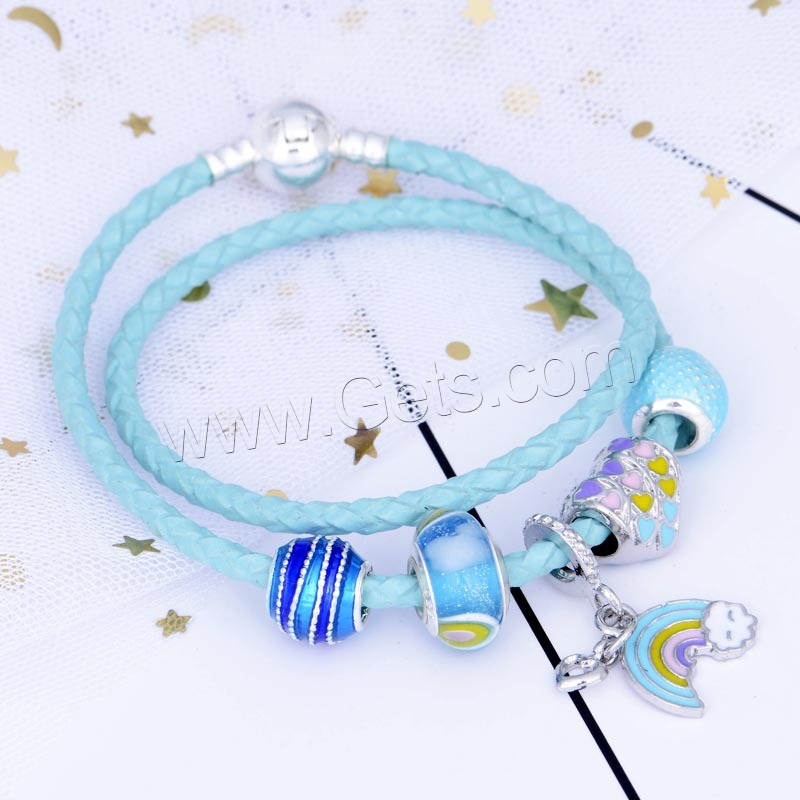 Zinc Alloy European Bracelets, with PU Leather Cord & Lampwork, silver color plated, different length for choice & for woman & enamel, Sold By Strand
