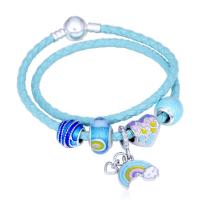 Zinc Alloy European Bracelets, with PU Leather Cord & Lampwork, silver color plated & for woman & enamel 