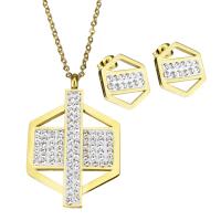 Rhinestone stainless steel Jewelry Set, earring & necklace, with Rhinestone Clay Pave, Hexagon, gold color plated, oval chain & for woman 2mm Approx 17.5 Inch 