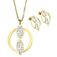 Rhinestone stainless steel Jewelry Set, earring & necklace, with Rhinestone Clay Pave, Donut, gold color plated, oval chain & for woman 2mm Approx 17.5 Inch 