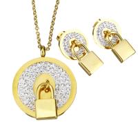 Rhinestone stainless steel Jewelry Set, earring & necklace, with Rhinestone Clay Pave, Lock, gold color plated, oval chain & for woman  2mm  Approx 18 Inch 