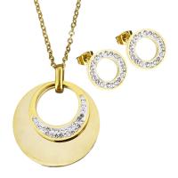 Rhinestone stainless steel Jewelry Set, earring & necklace, with Rhinestone Clay Pave, Donut, gold color plated, oval chain & for woman  2mm Approx 17.5 Inch 