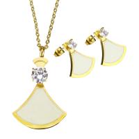 Rhinestone stainless steel Jewelry Set, earring & necklace, with Resin, gold color plated, oval chain & for woman & with rhinestone 2mm Approx 18 Inch 