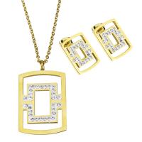 Rhinestone stainless steel Jewelry Set, earring & necklace, with Rhinestone Clay Pave, Rectangle, gold color plated, oval chain & for woman 2mm Approx 17.5 Inch 