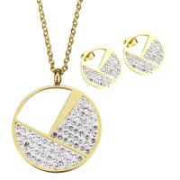 Rhinestone stainless steel Jewelry Set, earring & necklace, with Rhinestone Clay Pave, Flat Round, gold color plated, oval chain & for woman 2mm Approx 17.5 Inch 