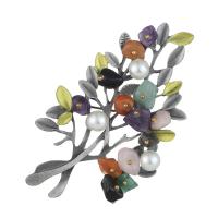 alliage de zinc broche, avec pierrecaillou & perle de plastique, branche, Placage, pour femme & émail, multicolore Vendu par PC
