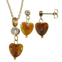 Rhinestone stainless steel Jewelry Set, earring & necklace, with Resin, Heart, gold color plated, oval chain & for woman & with rhinestone 1.5mm, 21mm Approx 17 Inch 