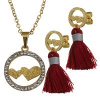 Rhinestone stainless steel Jewelry Set, earring & necklace, with Cotton Thread & Rhinestone Clay Pave, gold color plated, oval chain & for woman 1.5mm Approx 17 Inch 