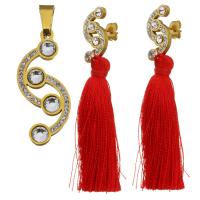 Rhinestone stainless steel Jewelry Set, pendant & earring, with Cotton Thread & Rhinestone Clay Pave, gold color plated, for woman  Approx 