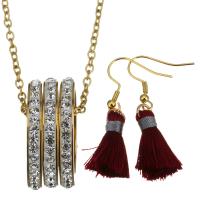 Rhinestone stainless steel Jewelry Set, earring & necklace, with Cotton Thread & Rhinestone Clay Pave, gold color plated, oval chain & for woman 2mm, 42mm Approx 20 Inch 
