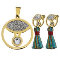 Rhinestone stainless steel Jewelry Set, pendant & earring, with Cotton Thread & Rhinestone Clay Pave, gold color plated, for woman  Approx 
