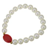 Plastic Pearl Bracelets, with Red Jasper & Stainless Steel, gold color plated, for woman 10mm Approx 8 Inch 
