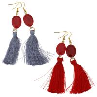 Stainless Steel Tassel Earring, with Cotton Thread & Red Agate, gold color plated, for woman 88mm 