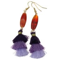 Stainless Steel Tassel Earring, with Cotton Thread & Lace Agate, gold color plated, for woman, 80mm 