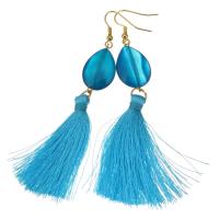 Stainless Steel Tassel Earring, with Cotton Thread & Agate, gold color plated, for woman, 93mm 