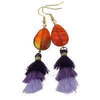 Stainless Steel Tassel Earring, with Cotton Thread & Agate, gold color plated, for woman, 80mm 