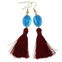 Stainless Steel Tassel Earring, with Cotton Thread & Agate, gold color plated, for woman, 82mm 