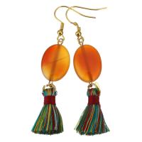 Stainless Steel Tassel Earring, with Cotton Thread & Red Agate, gold color plated, for woman, 65mm 