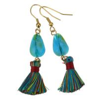 Stainless Steel Tassel Earring, with Cotton Thread & Agate, gold color plated, for woman, 63mm 