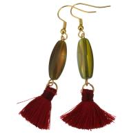 Stainless Steel Tassel Earring, with Cotton Thread & Agate, gold color plated, for woman, 65mm 