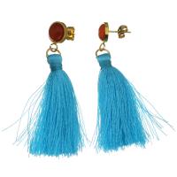 Stainless Steel Tassel Earring, with Cotton Thread & Agate, gold color plated, for woman 