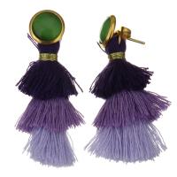 Stainless Steel Tassel Earring, with Cotton Thread & Cats Eye, gold color plated, for woman 