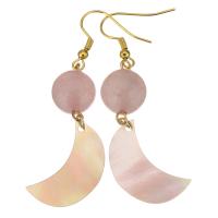 Stainless Steel Drop Earring, with Shell & Rose Quartz, Moon, gold color plated, for woman, 60mm 