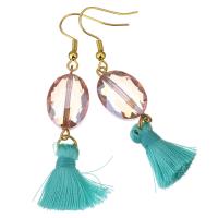 Stainless Steel Tassel Earring, with Cotton Thread & Crystal, gold color plated, for woman & faceted, 60mm 