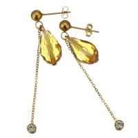 Stainless Steel Drop Earring, with Crystal, Teardrop, gold color plated, for woman & faceted 45mm 