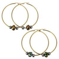 Stainless Steel Hoop Earring, with Crystal, gold color plated, for woman & faceted 