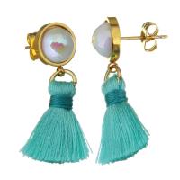 Stainless Steel Tassel Earring, with Cotton Thread & Plastic Pearl, gold color plated, for woman 
