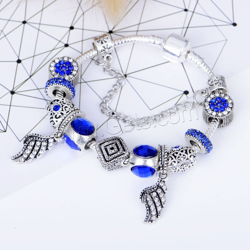 Zinc Alloy European Bracelets, with Lampwork, Feather, antique silver color plated, different length for choice & snake chain & for woman & with rhinestone, Sold By Strand