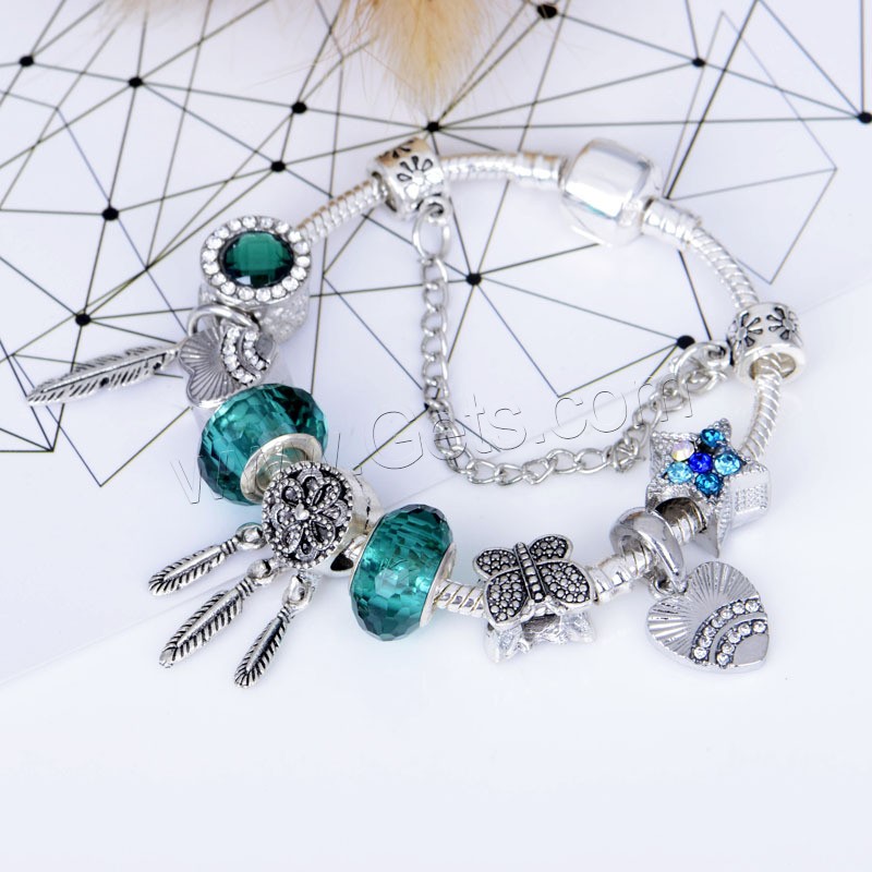 Zinc Alloy European Bracelets, with Lampwork, Dream Catcher, antique silver color plated, different length for choice & snake chain & for woman & with rhinestone, Sold By Strand