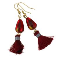 Stainless Steel Tassel Earring, with Cotton Thread & Glass Beads, gold color plated, for woman, 60mm 