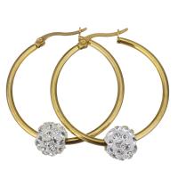 Stainless Steel Hoop Earring, with Rhinestone Clay Pave Bead, gold color plated, for woman  
