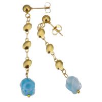 Stainless Steel Drop Earring, with Lampwork, gold color plated, for woman, blue, 56mm 