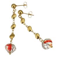 Stainless Steel Drop Earring, with Lampwork, gold color plated, for woman, reddish orange, 54mm 