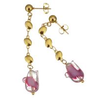 Stainless Steel Drop Earring, with Lampwork, gold color plated, for woman, light pink, 58mm 