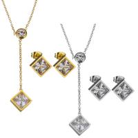 Fashion Stainless Steel Jewelry Sets, earring & necklace, with Crystal, with 2Inch extender chain, Rhombus, plated, oval chain & for woman & faceted 1.5mm Approx 16 Inch 