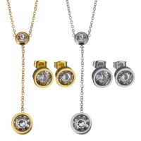Rhinestone stainless steel Jewelry Set, earring & necklace, with 2Inch extender chain, Flat Round, plated, oval chain & for woman & with rhinestone 1.5mm, 9mm Approx 16 Inch 