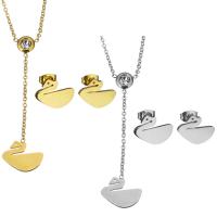 Rhinestone stainless steel Jewelry Set, earring & necklace, with 2Inch extender chain, Swan, plated, oval chain & for woman & with rhinestone 1.5mm Approx 16 Inch 
