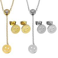 Rhinestone stainless steel Jewelry Set, earring & necklace, with 2Inch extender chain, Smiling Face, plated, oval chain & for woman & with rhinestone 1.5mm, 9mm Approx 16 Inch 