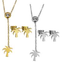 Rhinestone stainless steel Jewelry Set, earring & necklace, with 2Inch extender chain, Palm Tree, plated, oval chain & for woman & with rhinestone 1.5mm Approx 16 Inch 