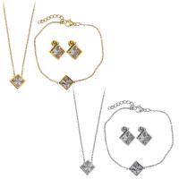 Rhinestone stainless steel Jewelry Set, bracelet & earring & necklace, with 2Inch, 1Inch extender chain, Rhombus, plated, oval chain & for woman & with rhinestone 1.5mm 1.5mm Approx 16 Inch, Approx  6 Inch 