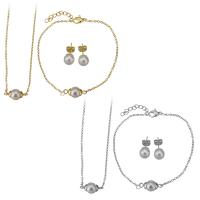 Fashion Stainless Steel Jewelry Sets, bracelet & earring & necklace, with Glass Pearl, with 2Inch, 1Inch extender chain, plated, oval chain & for woman 1.5mm 1.5mm, 8mm Approx 16 Inch, Approx  7 Inch 