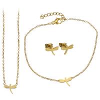 Parures de bijoux en acier inoxydable, Bracelet & boucle d'oreille & collier, avec 2Inch, 1Inch chaînes de rallonge, libellule, Placage de couleur d'or, chaîne ovale & pour femme 1.5mm 1.5mm Environ 16 pouce, Environ  7 pouce, Vendu par fixé